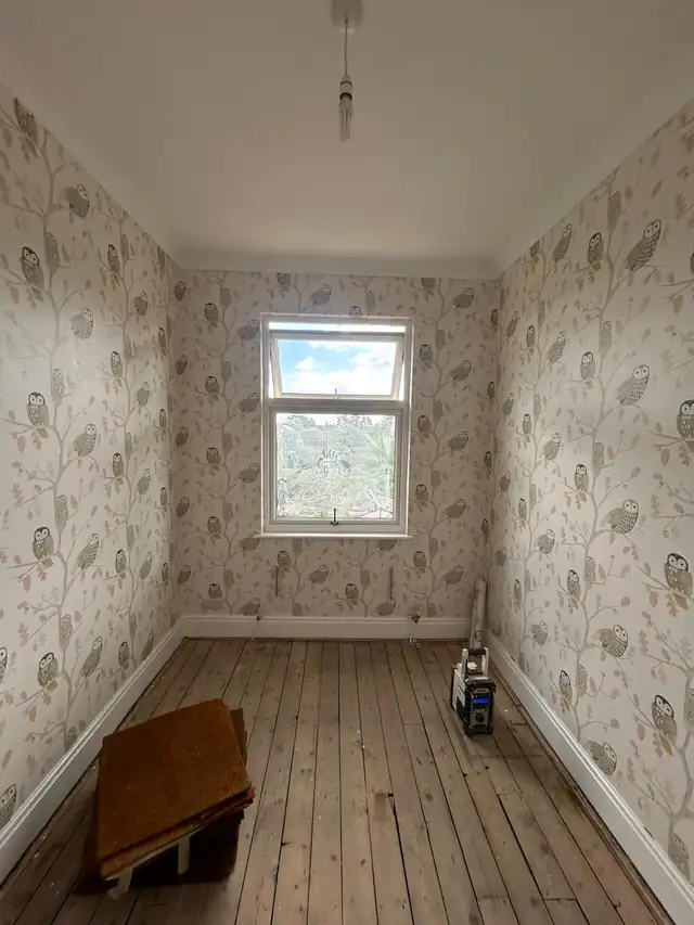 Small bedroom papered in a soft owl and branch wallpaper